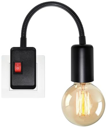 Douille avec Interrupteur, Support Ampoule E27, 20CM Longueur 9MM Grossier Flexible Col de Cygne, Noir Lampe Prise Murale, Spot avec Prise, Lampe de Lecture Murale pour Chambre Bureau, Sans Ampoule