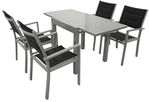 DEGAMO Gartengarnitur Tirana 5-teilig, 4X Gartensessel aus Aluminium Silbergrau und gepolstertem Textilgewebe in schwarz + 1x Ausziehtisch Aluminium 70/140x70cm, Silbergrau