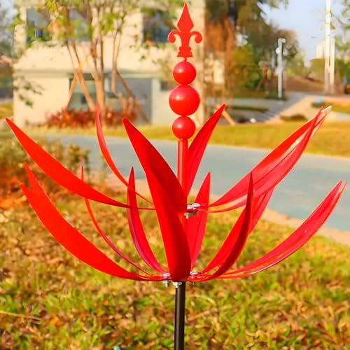 Windräder Garten | Harlow Magische Windmühle | Garden Windspiel Metall | Yard Spinners Auf Einsätzen Um 360Grad Drehbare | UV Beständige Lotuspfähle Aus Metall | Rote Gartenkunst Für Den Außenbereich