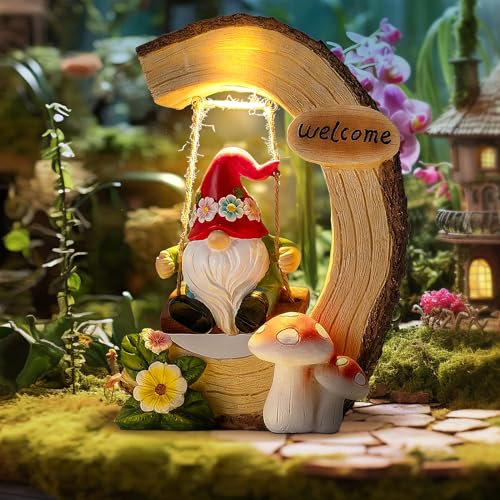 Statue de nain de Noël pour décoration extérieure : nain assis sur une souche d'arbre balançoire avec un panneau de bienvenue – Figurine amusante pour terrasse, cour, pelouse, cadeau idéal pour femme