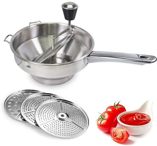 Holzsammlung Pasapurés de Acero Inoxidable con 3 Discos Intercambiables, Molinillo de Verduras Manual, Colador Profesional de Cocina para Frutas, Sopa, Mermelada, Puré de Bebé, Papilla