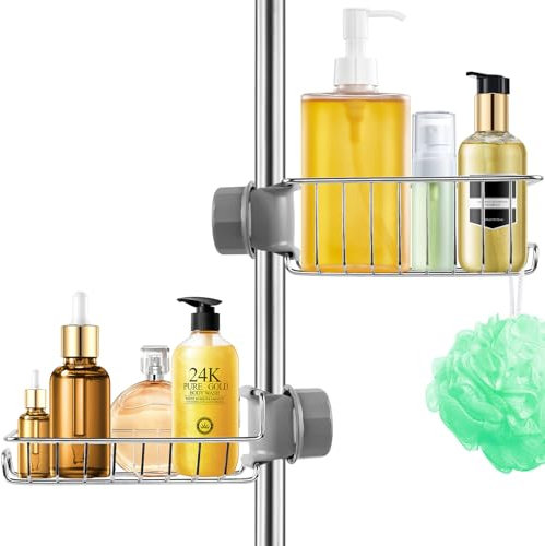 CoFvHo Shower Caddy Shelf No Drill 2 Pcs, Stainless Steel Shower Shelves for Riser Rail 18-27mm, Rustproof Storage Rack Hanging Bathroom Organiser for Shampoo Soap, Kitchen Toilet, Silver
