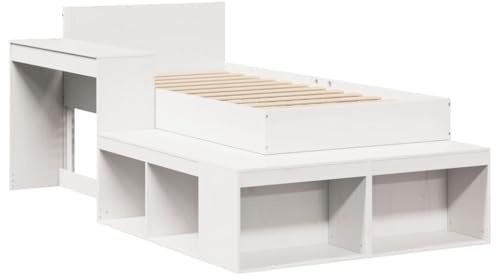 vidaXL Massivholzbett, Einzelbett Holzbett ohne Matratze, Bettgestell mit Lattenrost Kopfteil, Bett Nachttisch mit Schreibtisch, Weiß 80x200cm Kiefernholz