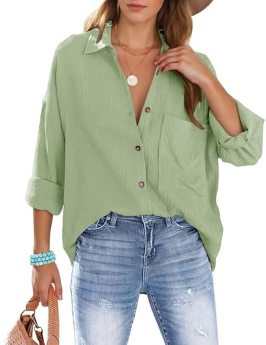 Xnova Chemisier Oversize Femme à Manches Longues, Décontractée Coton Blouse Top avec Poche, T-Shirt Col en V Chic et Élégant Chemise Ample à Boutons