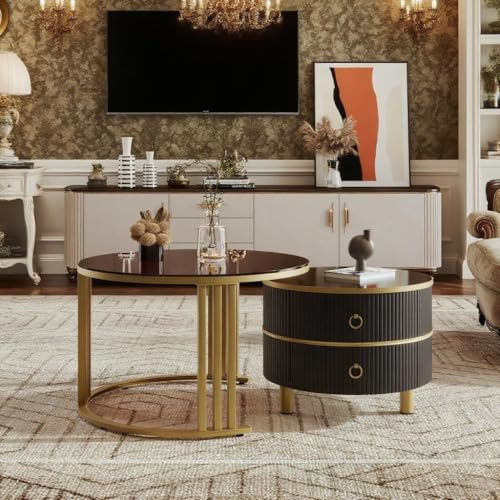 LANTRO JS Couchtisch Rund, Satztisch 2er Set, Couchtisch mit Stauraum, Wohnzimmertisch, Schwarz und Braun, 70x70x45 und 50x50x40cm