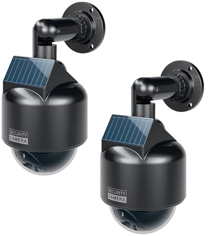 BASI | 2er Set Solar Kamera-Attrappe mit blinkendem LED-Licht | Dome Kamera | Dummy Kamera | Überwachungskamera für Innen- und geschützten Außenbereich | Solar Panel | 360 Grad Halterung | Schwarz