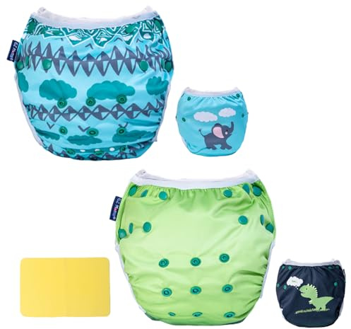 EZ Moms Baby Swim Diapers Reusable 2Pcs Large Size Snap Adjustable Washable One Size Toddler Swim Diaper with a Shammy Towel for Baby Boy Water Diaper Waterproof Swimming Diapers for Swimming Lessons