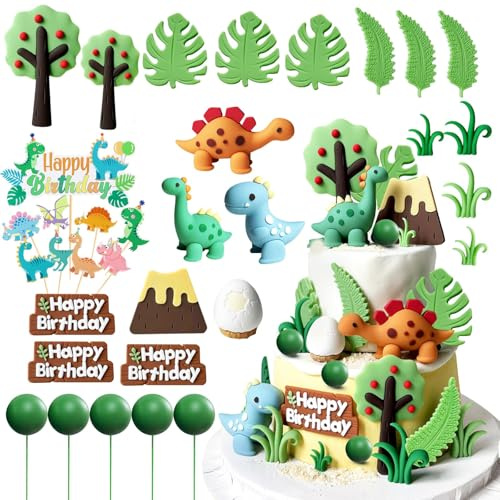 SneiDr 34 Stück Kuchendeko Dinosaurier Set Sicherer Material Nicht Essbar | Dino Tortendeko mit Vulkan Bäumen Eiern Dino Thema Geburtstagstorte Dinosaur Cake Decorations für geburtstag Torten Cupcake
