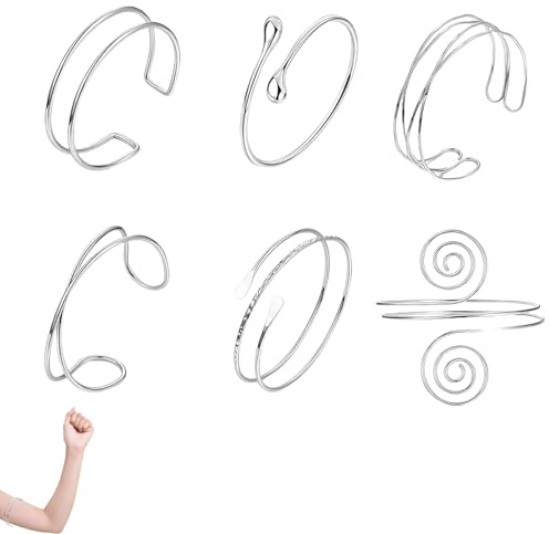 Pddenality 6PCS Arm Cuff Silver, Upper Arm Bracelet Silver Bangles for Women Jewelry Open Armlets Adjustable Armband Set Minimalist Bracelets For Women Fashion Jewelry
