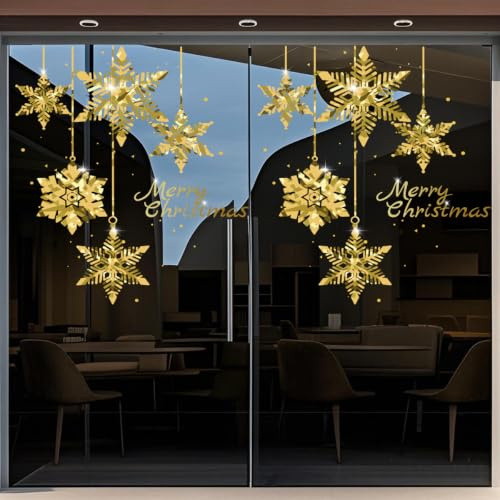 Weihnachtsbaum-Fensteraufkleber für Glas, goldene Weihnachts-Schneeflockenfenster, statische Aufkleber, DIY-Wandfenster, Tür, Wandbild, Vitrinen-Aufkleber (2 Stück, Stil B)