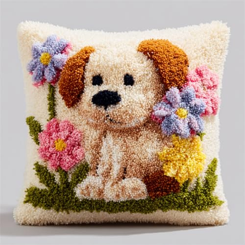 Juego de cojines de nudos, funda de almohada para manualidades y proyectos de punto de cruz, 43 x 43 cm, manualidades y decoración del hogar, incluye instrucciones para cojines y alfombras, cachorro