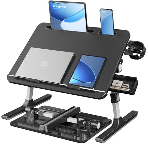 SONGMICS Laptoptisch, Betttisch, Laptopständer, 56 x 40 cm große Tischplatte, 120° stufenlos verstellbar, höhenverstellbar, mit Getränkehalter, Schublade, tragbar, tintenschwarz LLD113BC01