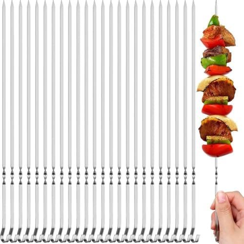 Yuanpgky Grillspieße aus Edelstahl, 39 cm, flaches Design für Fleisch und Gemüse, wiederverwendbares Grillzubehör für Outdoor-Kochen und Camping