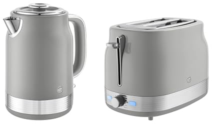 Swan Retro Kitchen Set, 1.7L Rapid Boil Kettle with Removable Limescale Filter and 930W 2-Slice Toaster with 6 Browning Levels, Grey, SK19025GRY & ST19028GRY