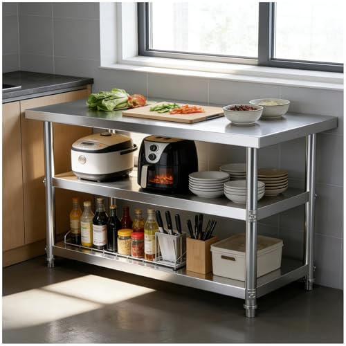 Tavolo di preparazione interamente in acciaio inossidabile, tavolo in acciaio inossidabile con ripiani, banco da lavoro for ristorante domestico, isola cucina(Option 2,80x50cm/31.5x19.69in)