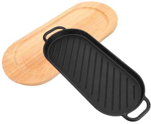 Uonlytech Plancha de Hierro Fundido para Asar 37,5x16 Cm con Base de Madera, Sartén para Parrilla y Bistec, Plato para Servir Carne y Pescado Adecuado para Barbacoa y Cocina al Aire Libre