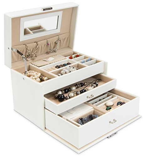 Grinscard Schmuckkiste zur sicheren Aufbewahrung - Weiß 24 x 16 x 15 cm - Schmuck Präsentation & Make-up Organizer