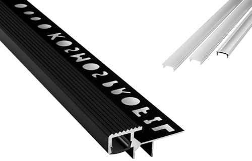 T-40 LED Alu Fliesenprofil Treppenprofil Stufen 10 mm schwarz 2m opal | Für beleuchtete Treppen- und Stufenkanten mit geschütztem LED-Streifen und sauberer Lichtführung, Abdeckung opal