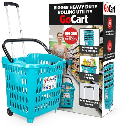 dbest products Bigger GoCart Grocery Cart Rolling Shopping Laundry Basket on Wheels Hamper with Telescopic Handle Cleaning Caddy Trolley, Teal, Bigger 1 pack