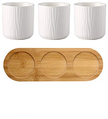 OnePine Badezimmer Accessoires Set Keramik, 4-teilig, EIN Bambustablett und DREI Zahnputzbecher
