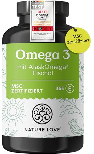 Nature Love Omega 3 - hochdosiert mit 650mg Omega 3 Fettsäuren pro Tagesdosis - 365 kleine Kapseln mit Spitzenrohstoff AlaskOmega® (MSC-zertifiziert) - ohne Zusätze in Deutschland produziert