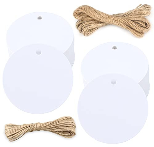G2PLUS 5.5CM Weiß Geschenkanhänger Rund: 200 Stk. Kraftpapier Etiketten Anhänger mit Jute-Schnur, Blanko Papieranhänger für Gastgeschenken, Marmelade, Adventskalender Genutzt