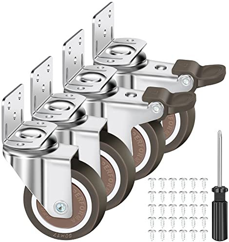 4 L-förmige Rollen für Möbel, 50mm Lenkrollen mit Bremse | 30 Schrauben | 360° Drehbar Möbelrollen,Transportrollen Schwerlastrollen(2 Lenkrollen,2 Bremsrollen) für Krippen,Möbel,Blumenständer