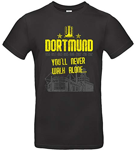 Alsino Herren T-Shirt Dortmund (3) You'll Never Walk Alone mit Jahreszahlen Schwarz Gelb Ruhrpott Finale und Stadion aus Baumwolle Damen Unisex Pokal S - 3XL