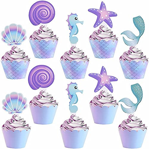 Topper de Gâteau,Sirène Cupcake Toppers et Wrappers 40 Pièces Décorations de Gâteau pour Les Enfants Anniversaire Bébé Douche Fête de D'anniversaire