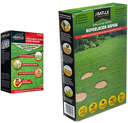 Abonos Fertilizante Césped Profesional Otoño-Invierno Caja 1,5 Kg. Batlle + Semillas de Césped Césped Repoblación Rápida 1Kg Batlle