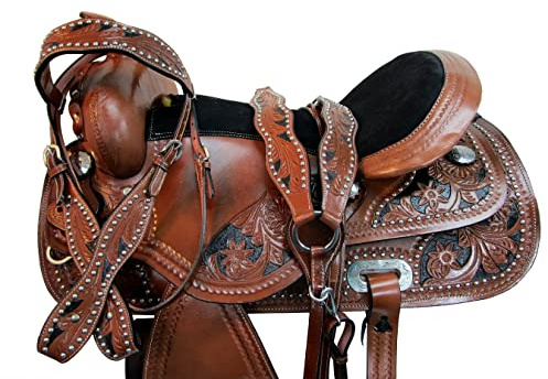 PRO Western 15 16 17 18 Barrel Racing Horse Saddle Floral Tooled Leather TACK Set (15 pollici)