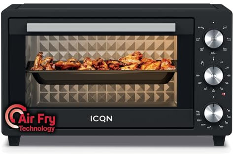 ICQN 20 Liter Minibackofen mit Airfry, Heißluftfritteuse, Ober-/Unterhitze mit Umluft-Funktion, 5 Grill-Funktion, 90 Min. Timer, 1500 W, Mini Oven, 80°-250°C, Frittierkorb/Backblech/Grill/Krümelblech