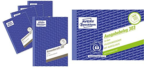 AVERY Zweckform 305-5 Kassenbericht (A5, mikroperforiert, von Rechtsexperten geprüft,50 Blatt) 5er Pack weiß & 303 Ausgabebeleg mit Dokumentendruck (A6 quer, von Rechtsexperten geprüft, 50 Blatt) gelb