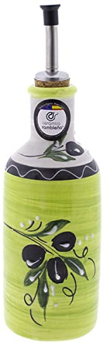 CERÁMICA RAMBLEÑA | Aceitera Amazon Antigoteo | Decoración Aceitunas - Modelo 07 | 500 ml | 100% Decorado a Mano | 7x7x24 cm