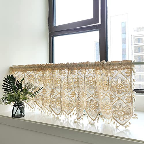 Ricemru Häkel Scheibengardinen Landhausstil Calliopsis Muster Gehäkelt Häkelgardine Vintage Kurz Küche Kurzstore Gardinen Bistrogardinen Kleine Fenstergardinen Türvorhang mit Quaste,180x38cm