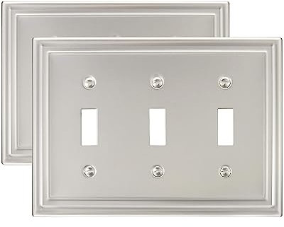 ZILLSEA Placa de pared de triple palanca, cubierta de interruptor de luz de níquel satinado, cubierta de interruptor de metal, placa de pared, 3 bandas, paquete de 2