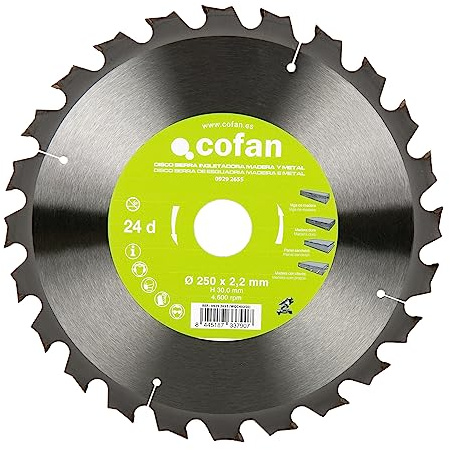 Cofan Lama per sega troncatrice | Disco da taglio per legno e metallo | 24 denti | Ideale per legno duro, pannelli sandwich e metalli con chiodi | Dimensioni: 250 x 30 mm | Spessore del disco: 2,2 mm
