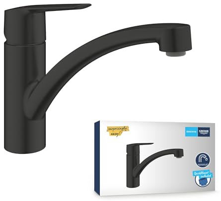 GROHE Start Kitchen Sink Mixer Tap (Low Spout, 140° Swivel Range, Temperature Limiter and Adjustable Quantity Limitation, Tails 3/8 Inch, Easy to Fit with GROHE QuickMount) Matt Black, 324412432