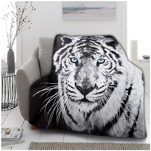VELVETIO Snuggle Wildlife 3D White Tiger Throw, Super Soft Animal Print Fleece Blankets, Extra Large Cuddly & Fluffy Blanket For Sofa Bed, 150 x 200cm