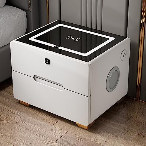 Smart LED Bedside Table, Organizer Storage Cabinet, with USB, Wireless Charging, Fingerprint Lock, Bluetooth Speaker, and Three-Color Light - Luxury Side Table for Bedroom and Living Room
