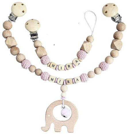 2er Set personalisierte Kette mit Namen für für Mädchen in Rosa oder Junge in Blau Baby Geschenk personalisiert zur Geburt & Taufe Elefant & Häkelperle (Rosa)
