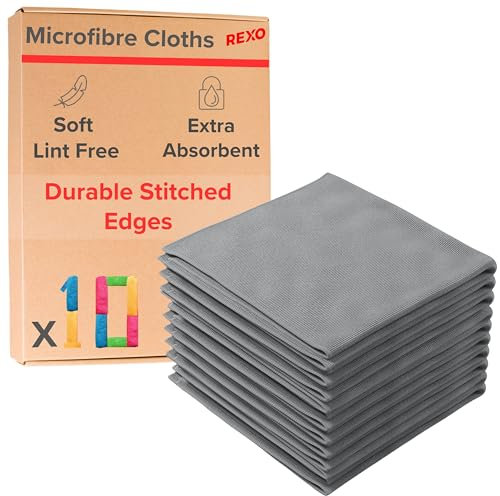 REXO - Microfibre Cloth 30x30cm Pack Of 10 Lint Free And Streak Free Cleaning Cloths Wipes For Home Furniture Polish, Kitchen, Car Cleaning, Bathroom, Window, Glass, Mirror And More (Grey)