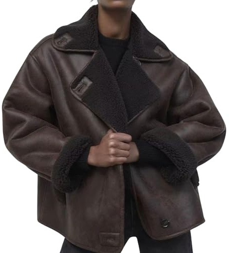 loveimgs - Giacca da donna con fodera in pile Sherpa spessa, in finta pelle scamosciata, oversize, in pelle, in shearling, in pile per moto, giacca da motociclista, cappotto invernale, marrone, S
