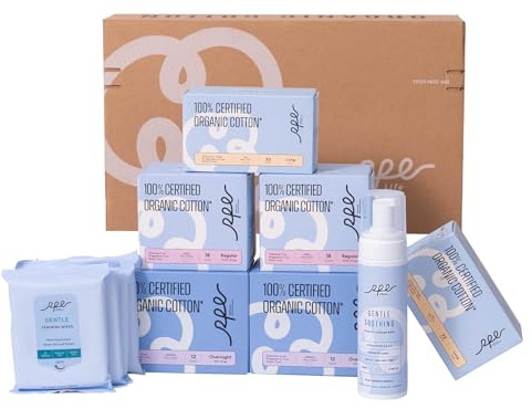 Rpe Life Feminine Care Bundle, Period Essentials 100% Organic Cotton Pads for Women, Size 2,3,5 Sanitary Napkins 124 Ct, Flushable Gentle Feminine Wet Wipes, Plant-Based Soothing Feminine Wash