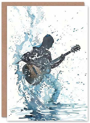Artery8 Guitar Player Rock Music Watercolour Splash Blank For Him Or Her Art Birthday Card