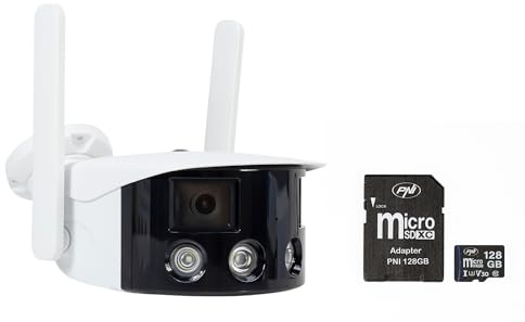 PNI Pacchetto telecamera di videosorveglianza IP590, wireless, con IP, doppio obiettivo, 2 x 2 MP + scheda di memoria MicroSD 128 GB con adattatore SD