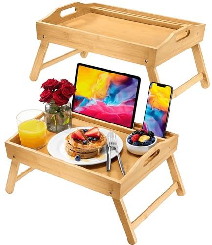 Bed Table Tray with Folding Legs, (2 Pack) Laptop Holder and Handles - Breakfast Tray Bamboo Bed Tray for Eating, Sofa, Bed, Food Trays for Eating on Couch, Snacking and Working