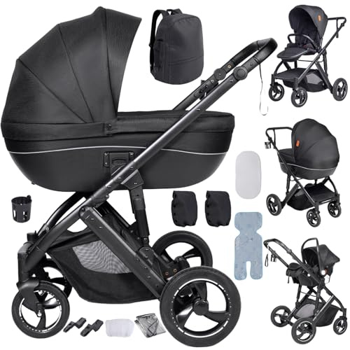 Doraystar Kinderwagen 4 in 1, Kombikinderwagen 4 in 1 mit Zwei Umkehrbaren Schiebemodi, Kinderwagen Komplettset mit Ein-Klick-Faltdesign, Rahmen Aluminiumlegierung (H2 Black)