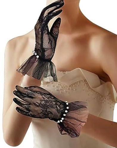 SMTCM Spitze für Brautkleid Accessoires Hochzeitsaccessoires Brauthandschuhe mit Perlen Perlengarnitur Handschuhe Spitzenhandschuhe für Braut Brauthandschuhe mit Spitze und Rüschen mit Chiffon
