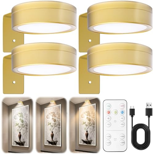 4 Stück Bilderleuchte Kabellos, 3 Color Temps Picture Light, LED Wandleuchten mit Fernbedienung, LED Kunstanzeige Akzent Licht an der Wand für Bilder Dartboard Fotorahmen Portrait
